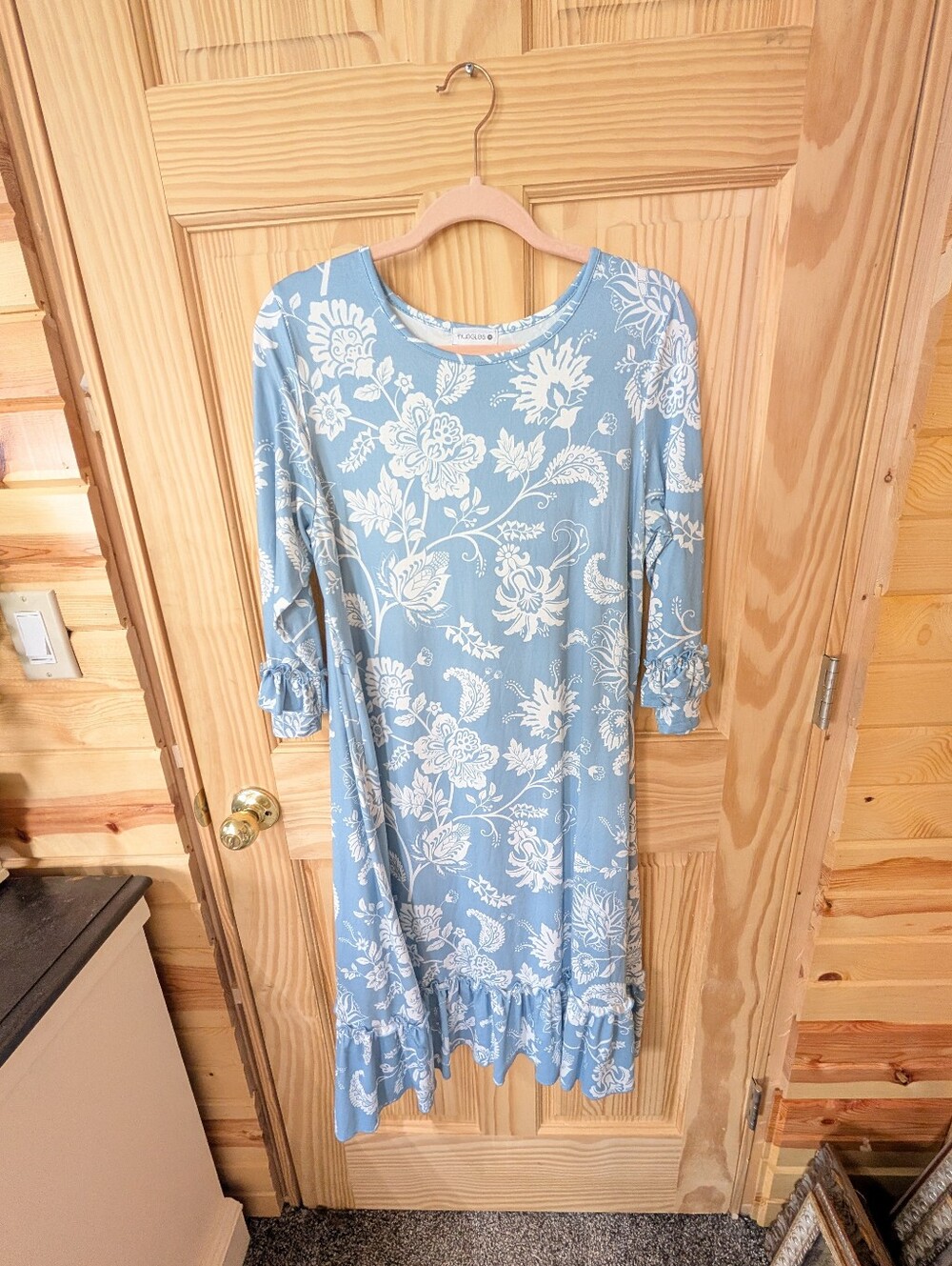 Women's Nuggles M Light Blue Floral Midi Dress/Tunic with Ruffle Hem